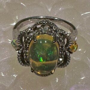 NWOB 925 Sterling Silver Opal and Diamond Ring Size 7 1/4 Signed JS
